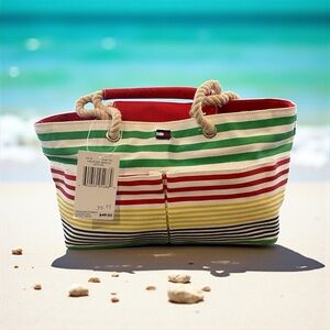 Tommy Hilfiger NWT Striped Canvas Handbag Rope Handles Primary Colors